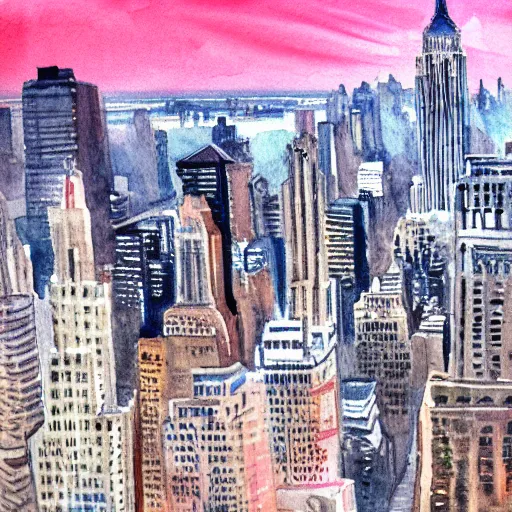 Image similar to new york at sunrise. watercolor. trending on artstation.