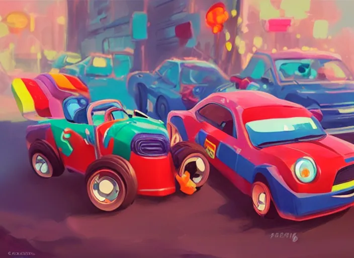 Image similar to concept design of cute candy cars for wreck - it ralph, oil painting by eren arik and jama jurabaev, extremely detailed, brush hard, artstation, high quality, brush stroke