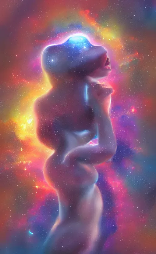 Image similar to the soul detaching from the body in the universe, artstation, digital painting