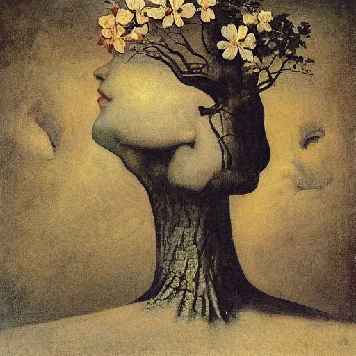 Image similar to tree where the trunk is a beautiful woman's head blooming with flowers, by Odd Nerdrum, by Francisco Goya, by M.C. Escher, beautiful, eerie, surreal, colorful