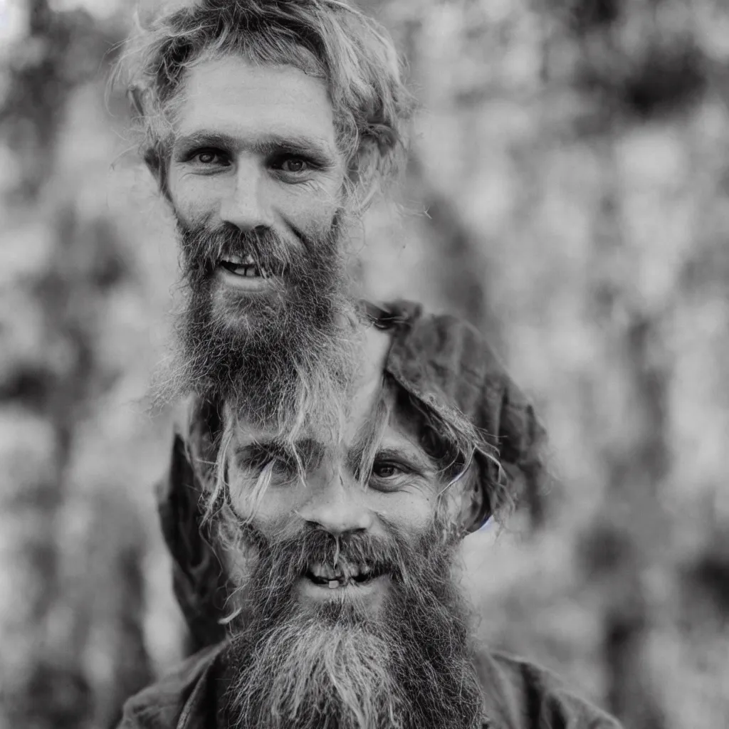 Prompt: extremely skinny malnourished redneck white male with long beard, wearing dirty overalls, dirty greasy face, grin, portrait, close up, kodak gold 2 0 0, 5 0 mm,