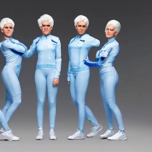 Image similar to troop of identical athletic women with white hair wearing tight light blue latex suits, in formation, futuristic chemistry lab, sci - fi, highly detailed, hyperrealistic