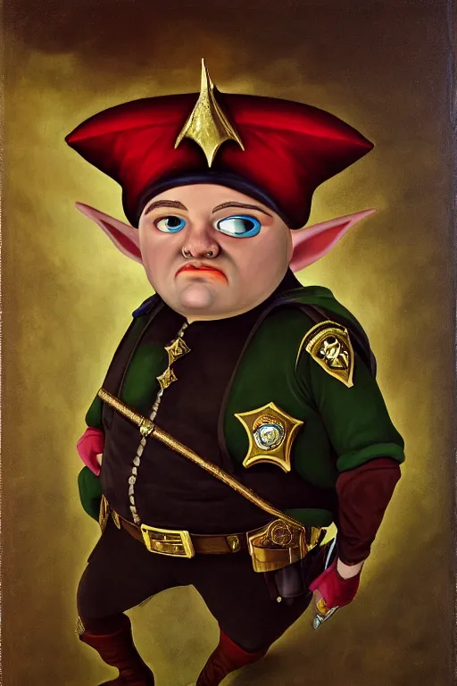 Image similar to high fantasy elf mall cop with a sheriff's badge that is fat, shifty, 1500s Oil Painting, Carvagio, RPG portrait, 8K digital scan