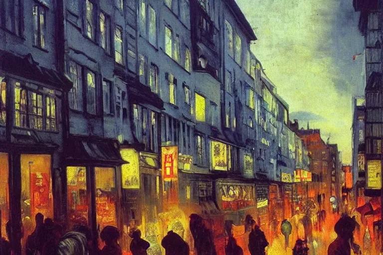 Image similar to dream festival in a city, low angle view from a city street lined with shops and apartments, glowing street signs, revelers playing games and shopping at a night market, oil painting by edvard munch, beksinski, chiaroscuro, baroque