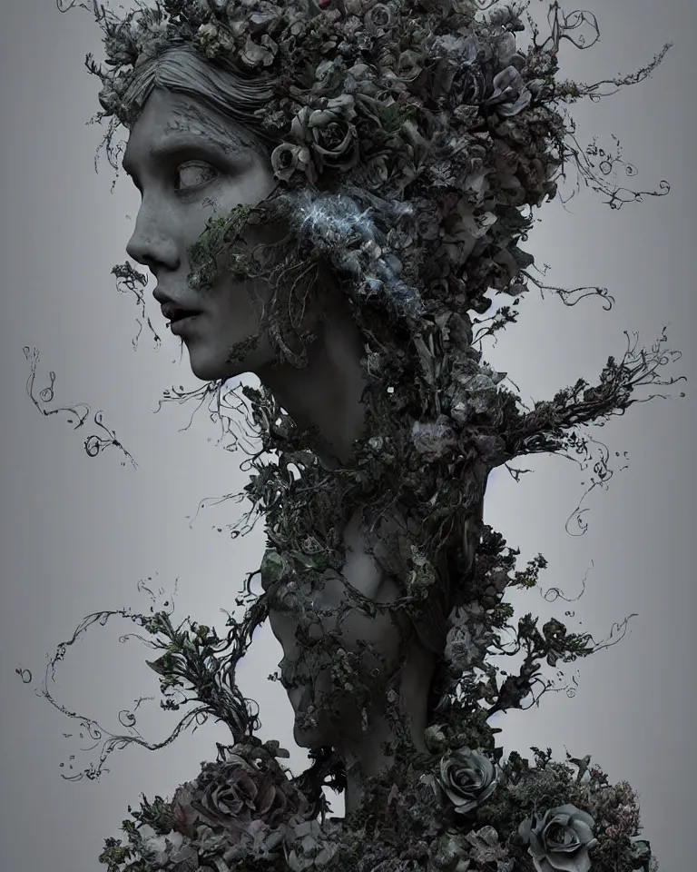 Image similar to portrait of a gothic cemetery statue made of mist and flowers, cosmic horror, mutating into mist, dramatic lightning, Andrew Ferez, Charlie Bowater, Marco Mazzoni, Seb McKinnon, Ryohei Hase, Alberto Seveso, Kim Keever, trending on cgsociety, featured on zbrush central, new sculpture, mystical