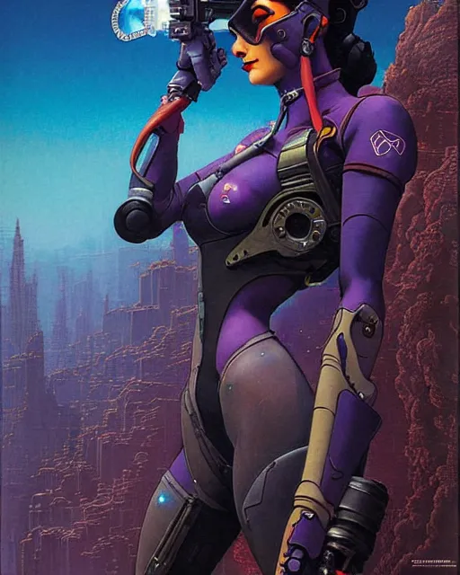 Image similar to widowmaker from overwatch, character portrait, portrait, close up, concept art, intricate details, highly detailed, vintage sci - fi poster, retro future, in the style of chris foss, rodger dean, moebius, michael whelan, and gustave dore