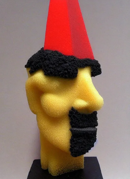 Image similar to sponge sculpture of an ancient warrior red and black and gold theme