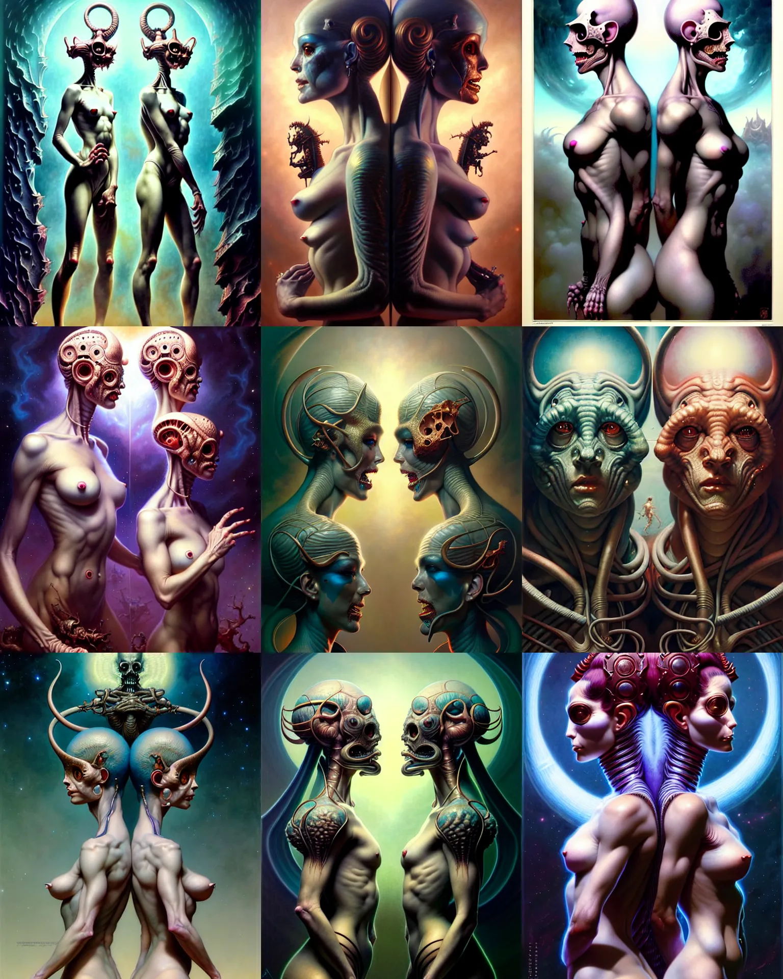 Prompt: beautiful gemini twins portrait, ultra realistic, wide angle, intricate details, horror artifacts, highly detailed by peter mohrbacher, hajime sorayama, wayne barlowe, boris vallejo, aaron horkey, gaston bussiere, craig mullins