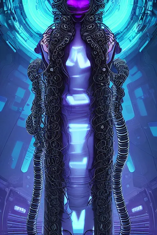 Image similar to A cinematic surreal smooth matte digital art illustration in the style of a sci-fi RPG comic book cover of a perfectly-centered hyperdetailed symmetrical portrait of a cyberpunk fierce Medusa in a long cosmic lovecraftian dress. Her hair is made of large ravepunk snakes. She's next to otherworldly towers in a sci-fi bionic landscape, 3D rim light, masterpiece, Gsociety, artstation