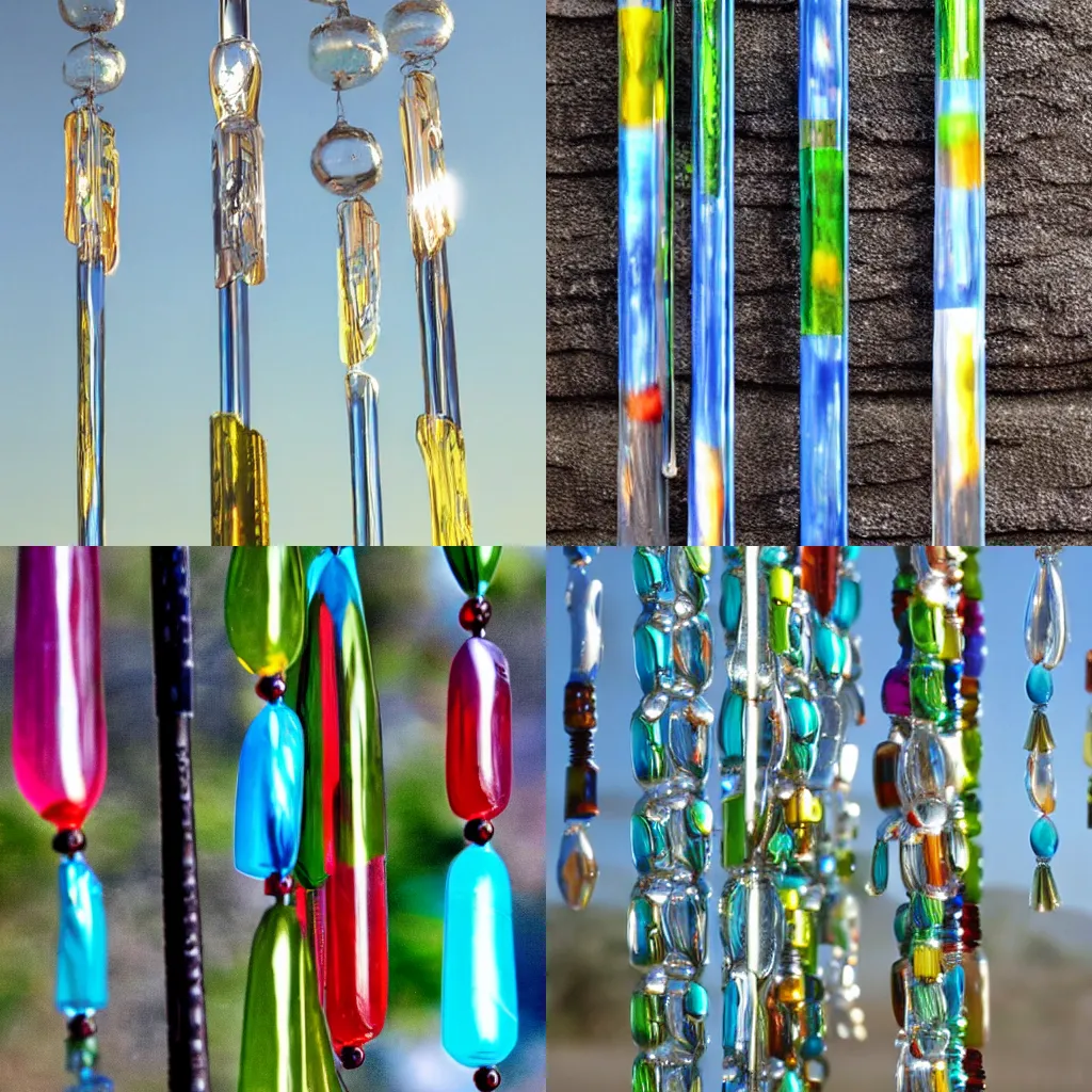 Prompt: glass wind chimes, reality, close up