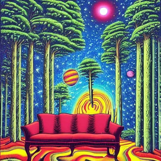 Image similar to psychedelic trippy couch pine forest, planets, milky way, sofa, cartoon by rob gonsalves