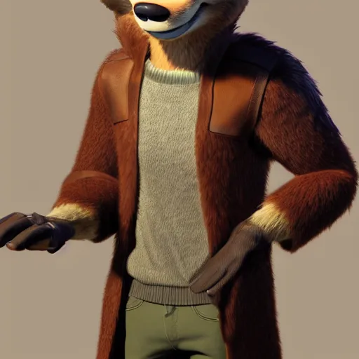 Prompt: portrait, 3 d render, anthropomorphic coyote male, wearing along brown leather maxi coat, in the style of zootopia, highly detailed attributes and atmosphere, dim volumetric cinematic lighting