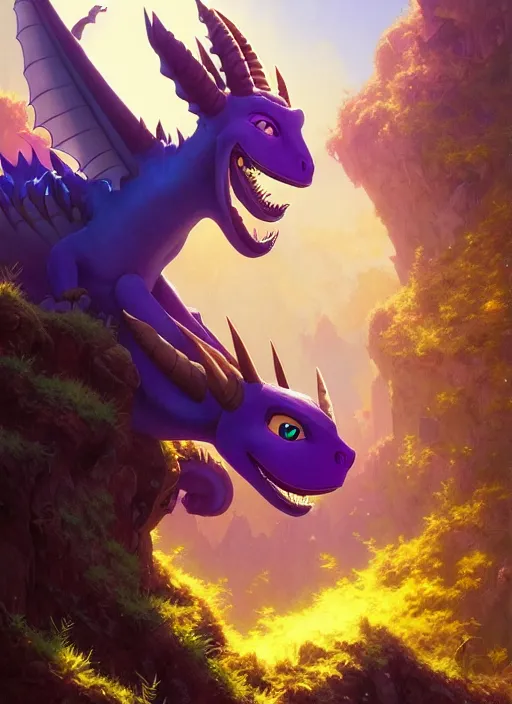 Image similar to Highly detailed portrait of Spyro the dragon, Stephen Bliss, unreal engine, fantasy art by Greg Rutkowski, Loish, Rhads, ferdinand knab, Makoto Shinkai and Lois van baarle, ilya kuvshinov, rossdraws, Tom Bagshaw, alphonse mucha, global illumination, radiant light, detailed and intricate environment