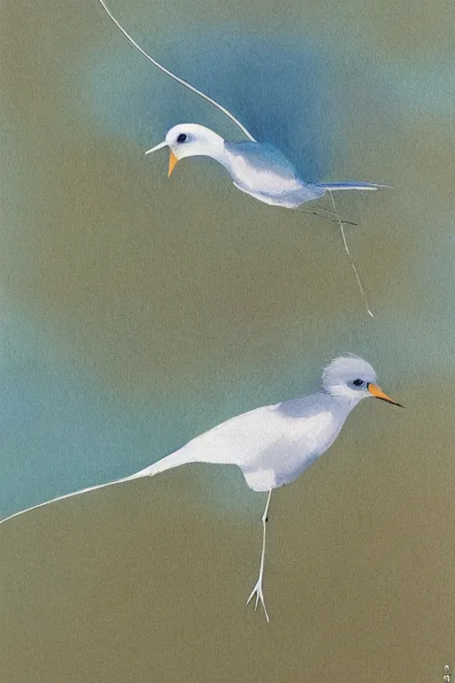 Prompt: meticulous painting, A small, delicate bird with pale blue plumage and long, skinny legs. It is hopping on the ground, searching for food. The background is a beautiful blue sky on a autumn day. by xue ji, bian luan