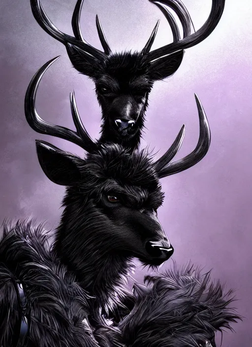 Image similar to aesthetic portrait commission of a of a male fully furry anthro black deer with a tail and a beautiful attractive hyperdetailed face wearing wearing a outfit in a sci - fi dystopian city at golden hour while it storms in the background. character design by dayer, diego 5, detailed, inked, western comic book art, award winning film poster painting