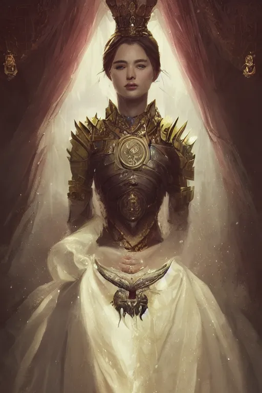 Prompt: a fancy portrait of a young queen by Greg Rutkowski, Sung Choi, Mitchell Mohrhauser, Maciej Kuciara, Johnson Ting, Maxim Verehin, Peter Konig, final fantasy , mythical, 8k photorealistic, cinematic lighting, HD, high details, atmospheric,