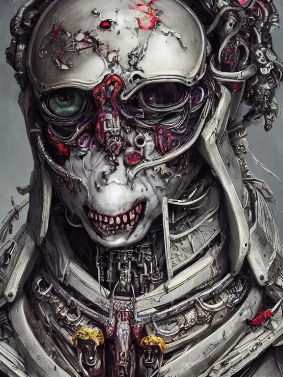 Image similar to portrait art of 8k ultra realistic undead corrupted ghost in the shell, ornate intricate helmet , detailed intricate ornate armour,decaying, cybernetic, full of colour, cinematic lighting, battered, trending on artstation, 4k, hyperrealistic, focused, extreme details,unreal engine 5, cinematic, masterpiece, art by ayami kojima, giger