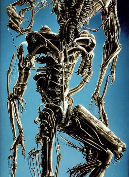 Image similar to sci - fi practical fx of a spooky cyborg alien being defeated. art by ridley scott and david cronenberg 1 9 7 0