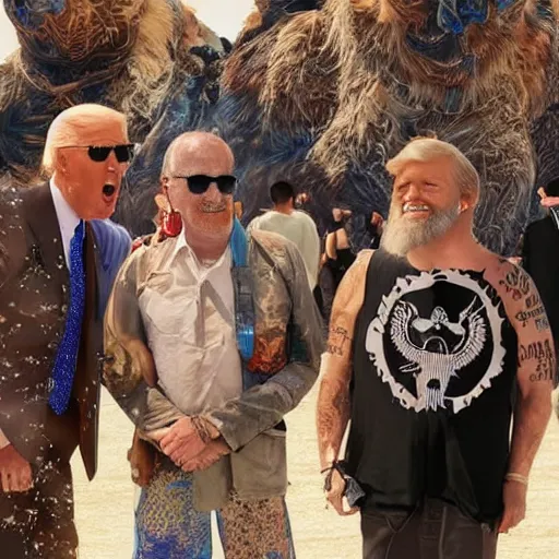 Image similar to photo of evil Joe Biden attending burning man with ecofeminist Donald Trump and a catboy Nick Land, photorealism, extremely detailed, soft lightning, playa, HD