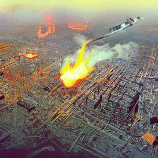 Image similar to aerial view of the full - metal irisdiscent hindenburg disaster, santiago of chile, pixeled fire from a fragmented neon - wired reality, matte painting by yoji shinkawa, esao andrews, yoshitaka amano and ryuichi sakamoto