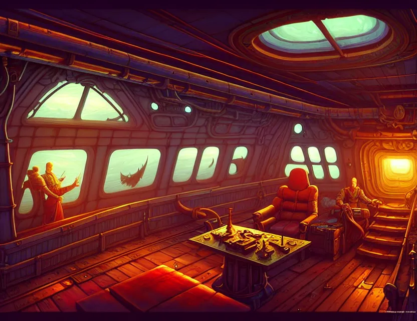 Image similar to interior view in the captain's cabin of a flying ship, d & d spelljammer fantasy art, artstation contest winner, beautiful digital painting in the style of dan mumford, art by kev chan, volumetric lighting, concept art, speedpainting, fantasypunk, deep colors, cgsociety, by gerald brom