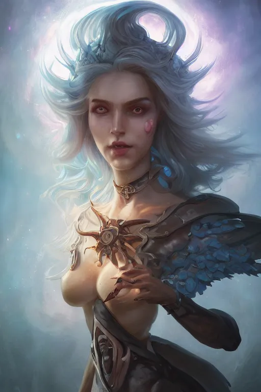 Prompt: beautiful girl necromancer full of sculls, wizard of the coast casting magic spell, angel, magic storm and thunder clouds, scifi, fantasy, magic the gathering, hyper detailed, octane render, concept art, 3 d render, hyper realistic detailed portrait, peter mohrbacher, wlop