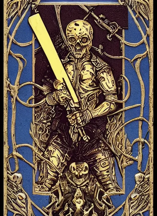 Prompt: tarot card :: horror :: killer gun :: blood and roses :: gold and silver carvings :: metallic :: by Yurtsev and Darkchylde