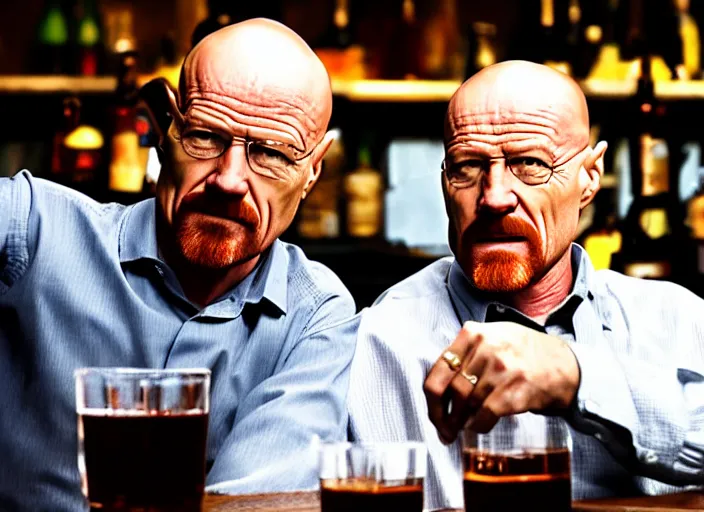 Prompt: walter white saul goodman and mike ehrmantraut at a bar, drinking, smiling, ultra realistic, cinematic