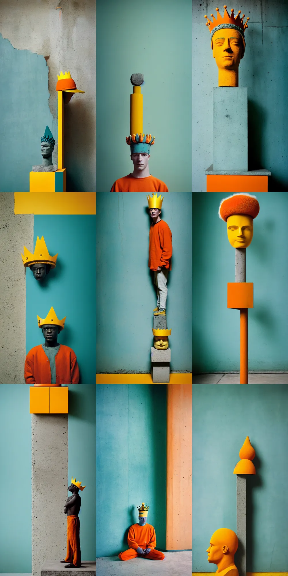 Image similar to kodak portra 4 0 0, 8 k, shot of a highly detailed, britt marling style, colour still - life portrait of a large minimalistic room, rough concrete walls, a single rough carved wooden teal and orange striped coloured statue is standing on a concrete podest with a yellow crown on his head, muted colours