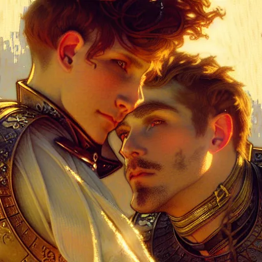 Image similar to attractive arthur pendragon and his attractive male knight, they are in love, natural lighting, path traced, highly detailed, high quality, digital painting, by gaston bussiere, craig mullins, alphonse mucha j. c. leyendecker