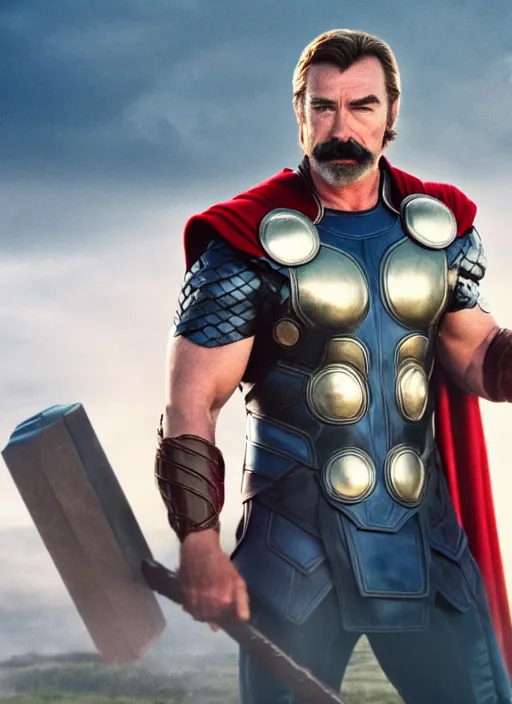 Image similar to film still of tom selleck as thor in thor, 4 k