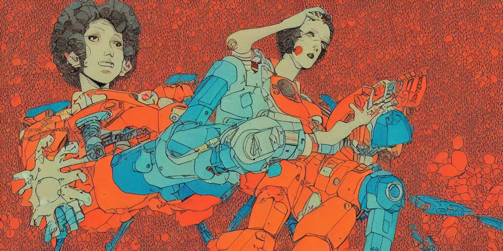 Image similar to risograph grainy drawing vintage sci - fi, satoshi kon color palette, gigantic gundam full - body covered in dead coral reef, 1 9 8 0, kodachrome, natural colors, comicbook spreadsheet, codex seraphinianus painting by moebius and satoshi kon and dirk dzimirsky close - up portrait