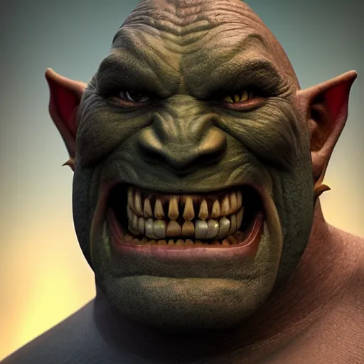 Image similar to An orc smiling into the camera, head-to-shoulder, leering, ugly, artstation, realistic, highly detailed, bokeh, by Alex Flores, by Laurel D Austin, by Dave Rapoza