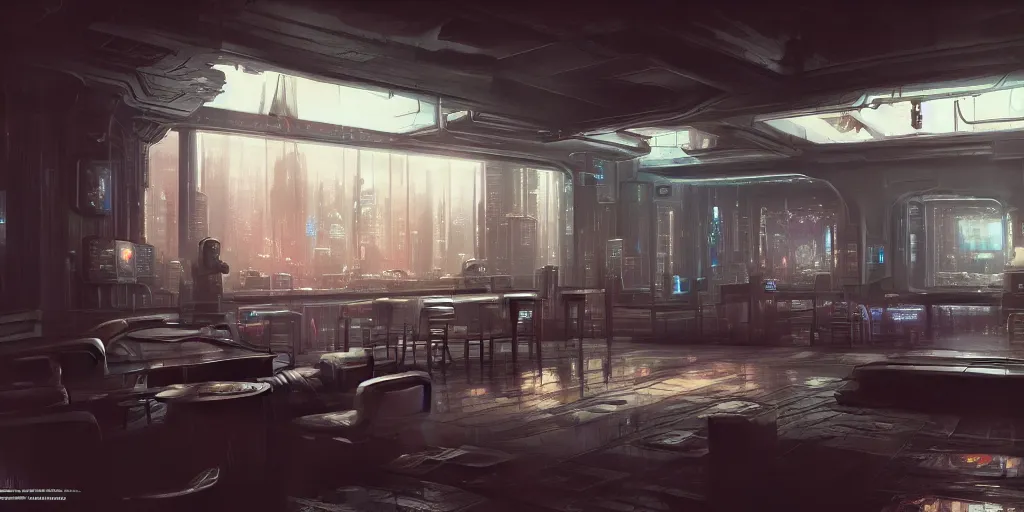 Image similar to highly detailed photorealistic cyberpunk interior, cinematic light, sci fi, glossy, cybernetic, bar, posters, futuristic decor, trending on artstation, ultra realistic concept art, illustration, octane render, 4 k, hd, high quality