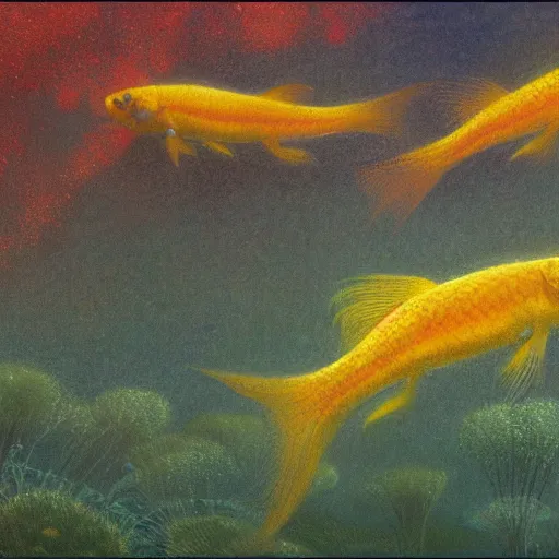 Prompt: a beautiful oil painting of detailed goldfishes swiming over a serene landscape, jean delville, edmund dulac, jean giraud, landscape photography composition, vivid colors, octane render, redshift render
