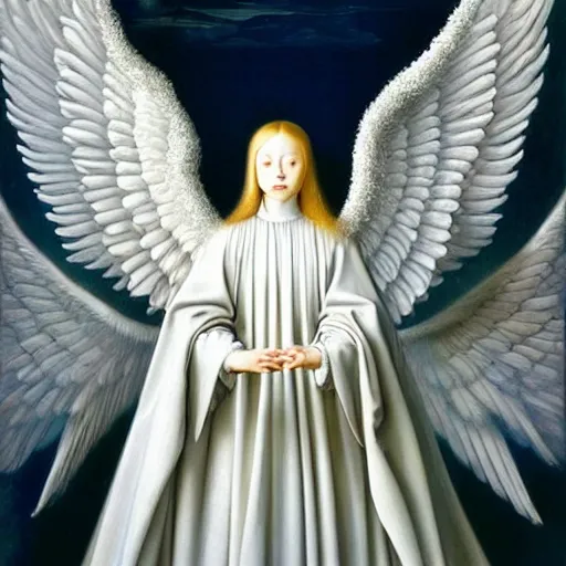 Image similar to highdetailed hyperrealistic painting of white angel!!! no gender smiling noface!!!, light instead of hands, white sparkles everywhere, 4 k hd face!!!, big silver high detailed wings!!!, renaissance, by jan van eyck, holography space, glow effect, large strokes, monochrome!!!!!