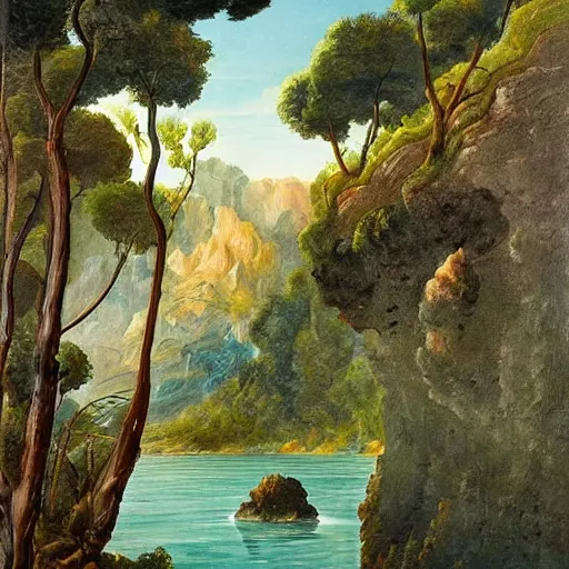 Prompt: painting of a lush natural scene on an alien planet by rafaello ossola. beautiful landscape. weird vegetation. cliffs and water.