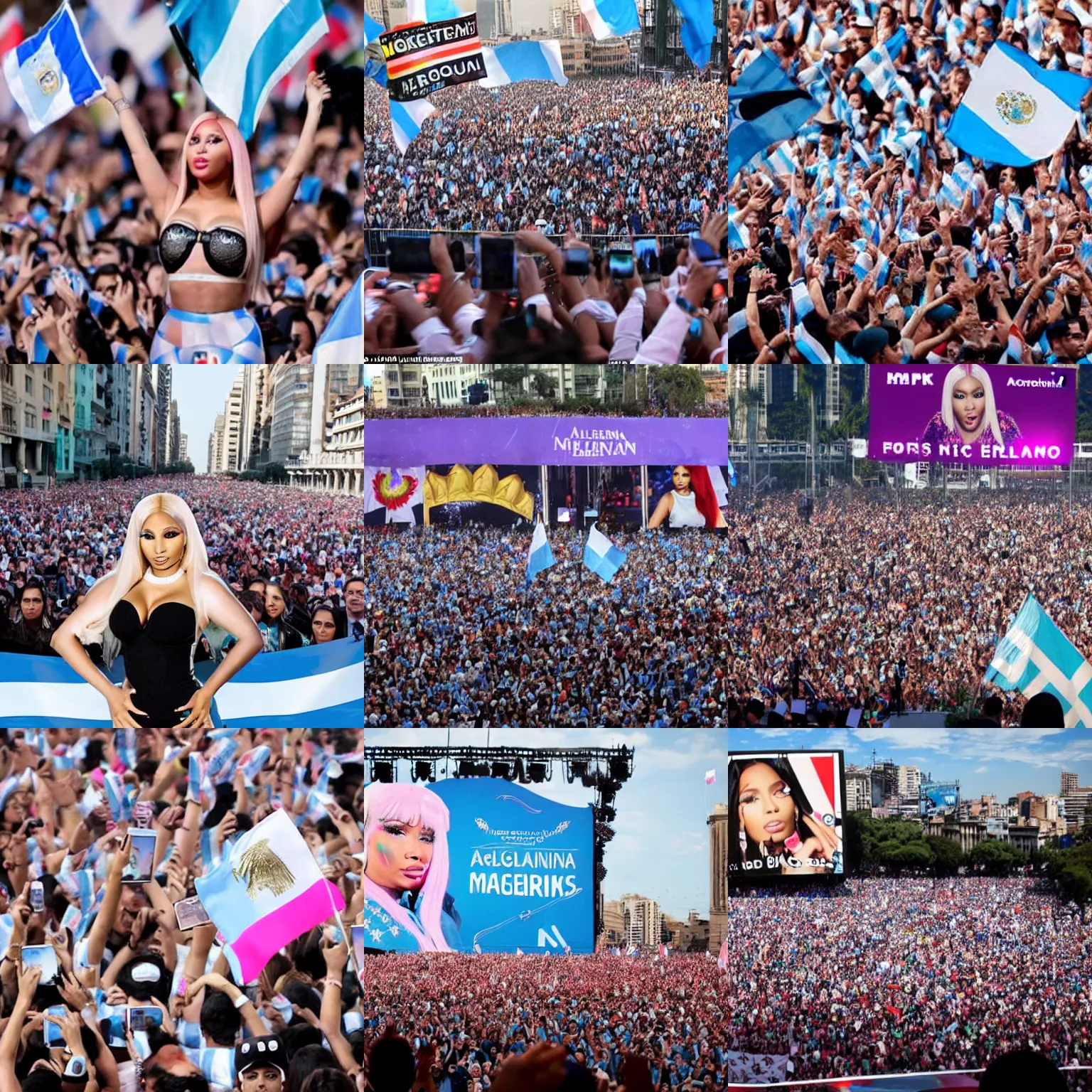 Prompt: Argentina presidential rally advertisement Nicki Minaj forefront and a blurred Argentine flag waving behind her
