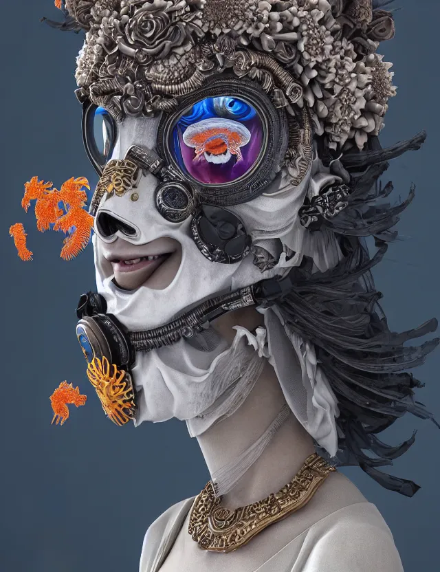 Image similar to 3 d goddess close - up profile portrait with vintage gas mask ram skull. beautiful intricately detailed japanese crow kitsune mask and clasical japanese kimono. betta fish, jellyfish phoenix, bio luminescent, plasma, ice, water, wind, creature, artwork by tooth wu and wlop and beeple and greg rutkowski