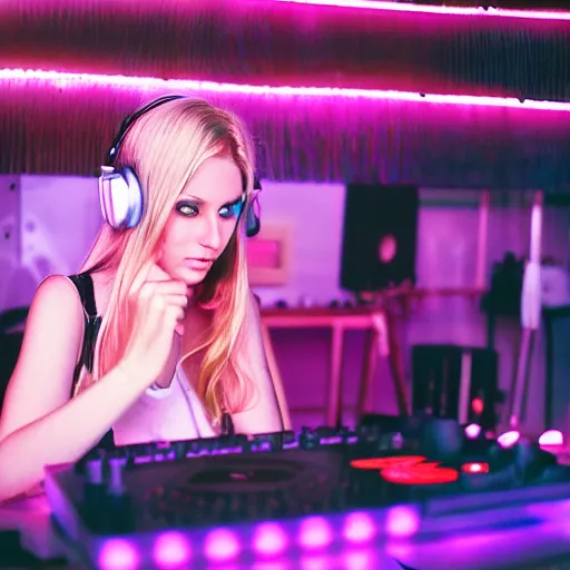 Image similar to A young, blonde-haired woman with soft facial features and blue eyes, 35mm photograph, neon lights in the background, DJing at coachella