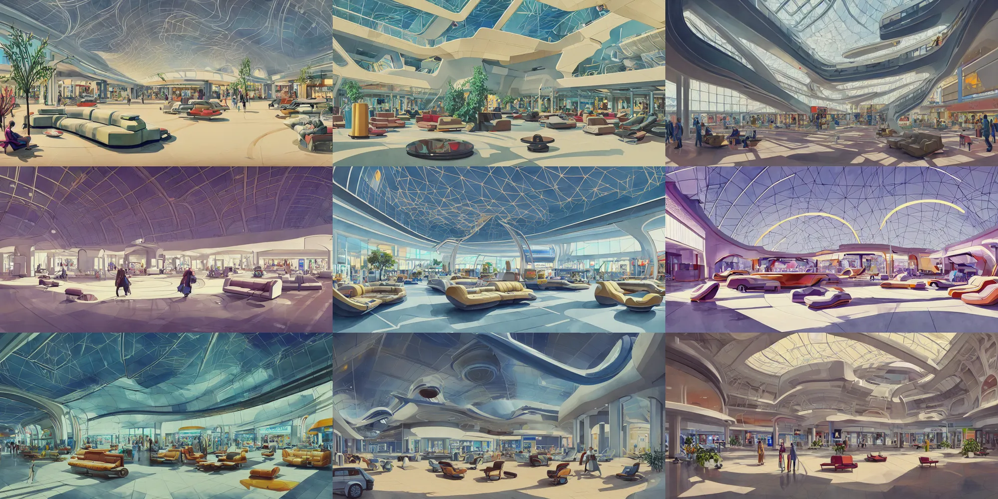 Prompt: a beautiful illustration of futuristic mall, lots of furniture, sofa, waiting room, big medium small, sacred geometry, golden ratio, in watercolor gouache detailed paintings, in style of syd mead, trending on artstation, 8 k, panel, hard surface, wallpaper, zaha hadid, scattered props, plant, cozy, decoration, simon stalenhag, deus ex