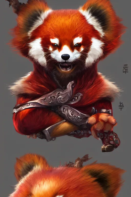 Prompt: Anthropomorphic red panda character, kung fu, high fantasy, World of Warcraft, pandarin, splashcreen character art, artstationhd, trending on artstation, detailed fur, beautiful cinematic