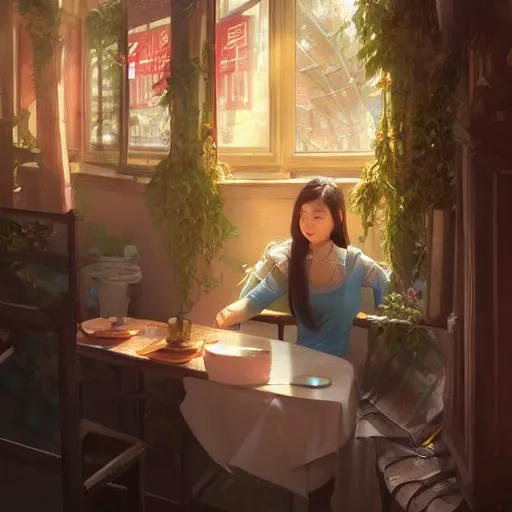 Image similar to on a date with the beautiful asian girl next door, highly detailed, digital painting, artstation, concept art, sharp focus, illustration, cinematic lighting, art by artgerm and greg rutkowski and alphonse mucha