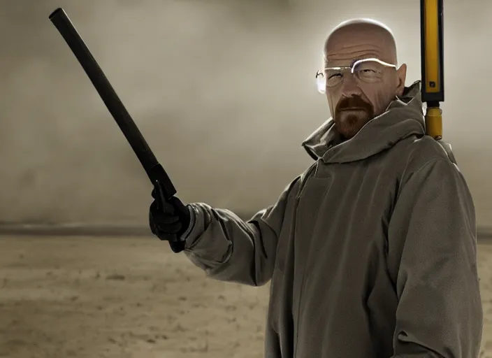 Image similar to film still of Walter White as Gordan Freeman holding a crowbar in the Half Life Movie, 4k