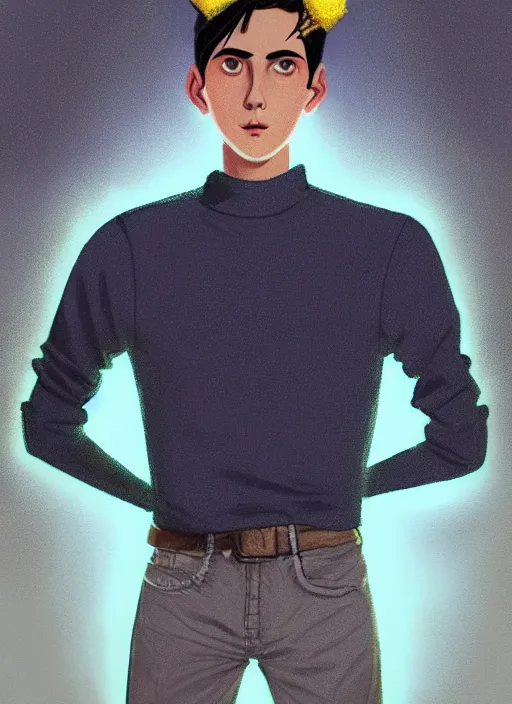 Image similar to portrait of teenage jughead jones wearing a light grey crown, crown, blue turtleneck, 1 9 5 0 s, closed eyes, photorealistic, black hair, glowing lighting, intricate, elegant, glowing lights, highly detailed, digital painting, artstation, concept art, smooth, sharp focus, illustration, art by wlop, mars ravelo and greg rutkowski