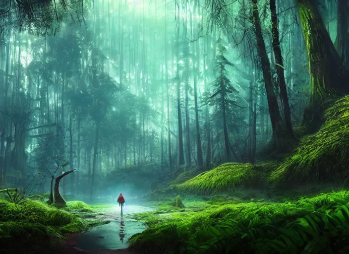 Image similar to luminescent forest biome that looks like a movie shot by pixar, ultra detailed, fantasy, hyper realism, art, smooth, beautiful art, masterpiece, landscape, cinematic, wet reflections, ray tracing x, rtx, smooth