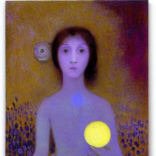 Prompt: a girl with three eyes on 5 translucent luminous spheres, full of floral and berry fillings, in an ocean of lavender color by odilon redon