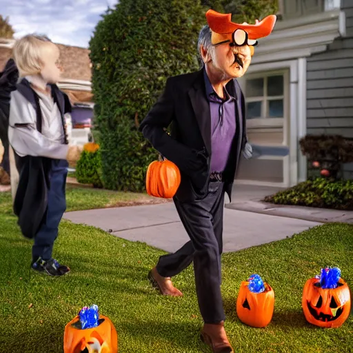 Prompt: harrison ford trick or treating on halloween, ( sony a 7 r iv, symmetric balance, polarizing filter, photolab, lightroom, 4 k, dolby vision, photography awardm, voque, perfect face )