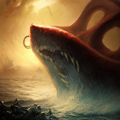 Image similar to a giant squid with bulging eyes, tentacles rising from the sea, exploded ship, magic the gathering art, art by greg rutkowski, fantasy rpg, league of legends