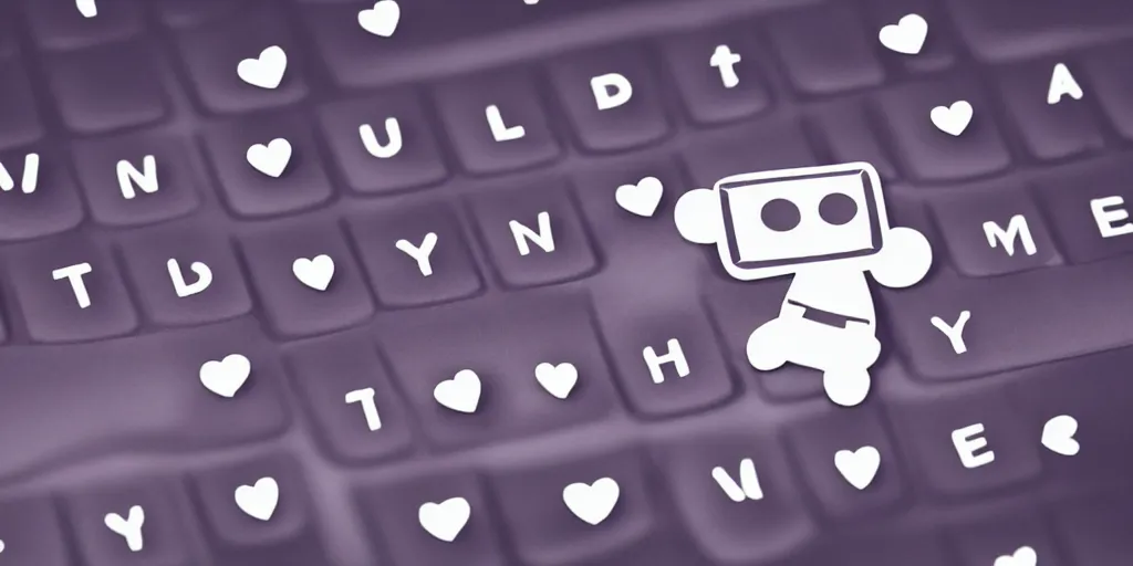 Image similar to “a tiny robot writing a letter on a keyboard laptop with hearts floating in the air”